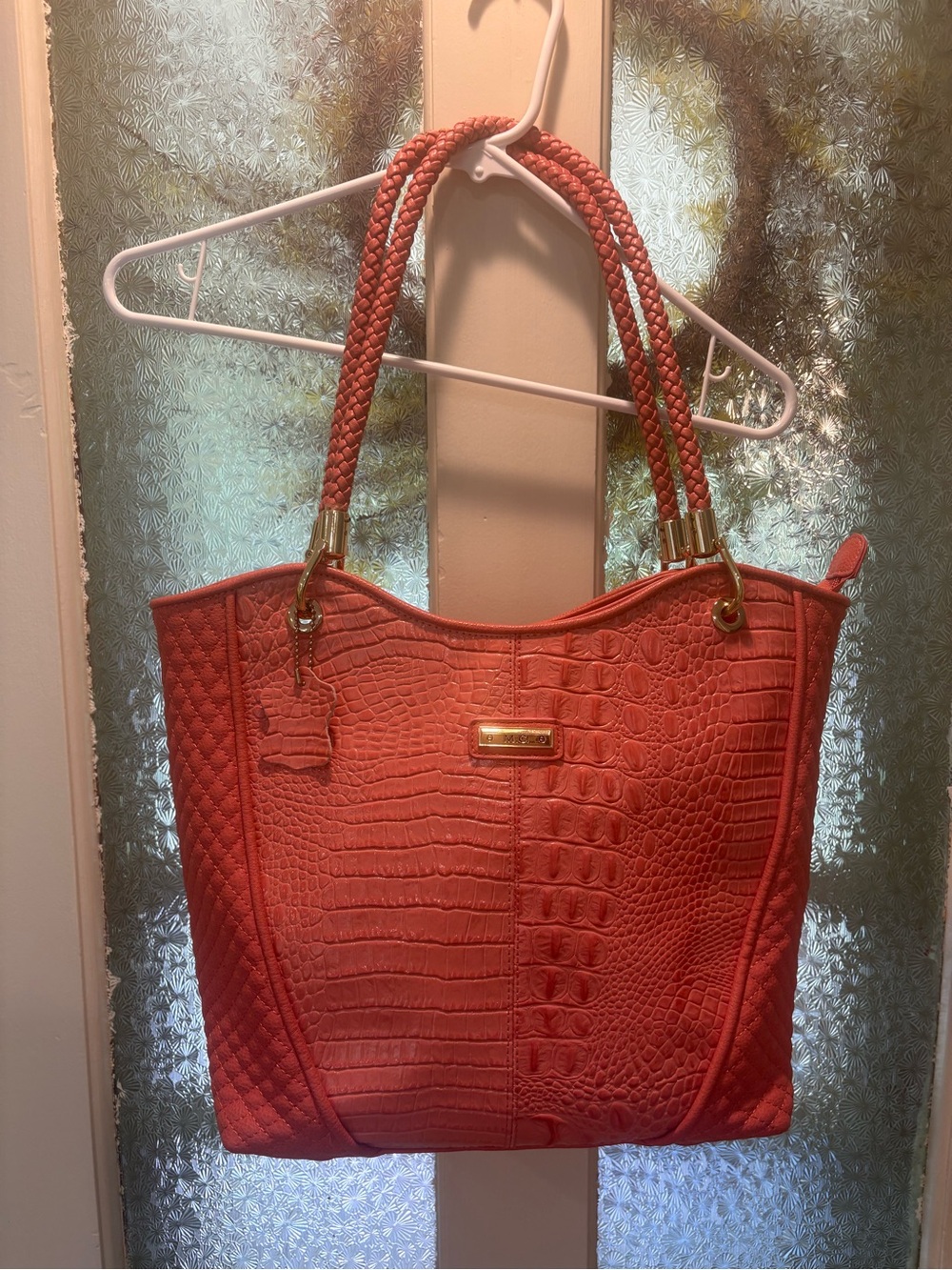 M.C. Faux Croc Textured Peach 🍑 Tote Bag with Braided Handles